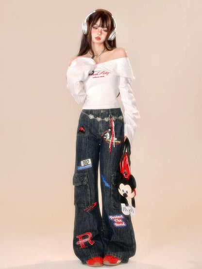 Cargo Jeans High Leg Dunkelblau Wide Street