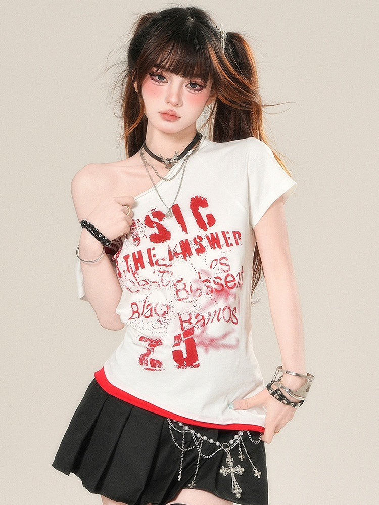 レターアシンメトリーネックラインTシャツグラマラスプリントホワイト/ゲイリー