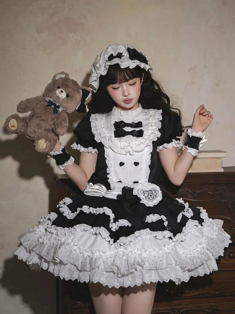 Black Embroidery Ruffle Neckline Layered and Sweet Lolita with Lamb White Bow Dress Accents