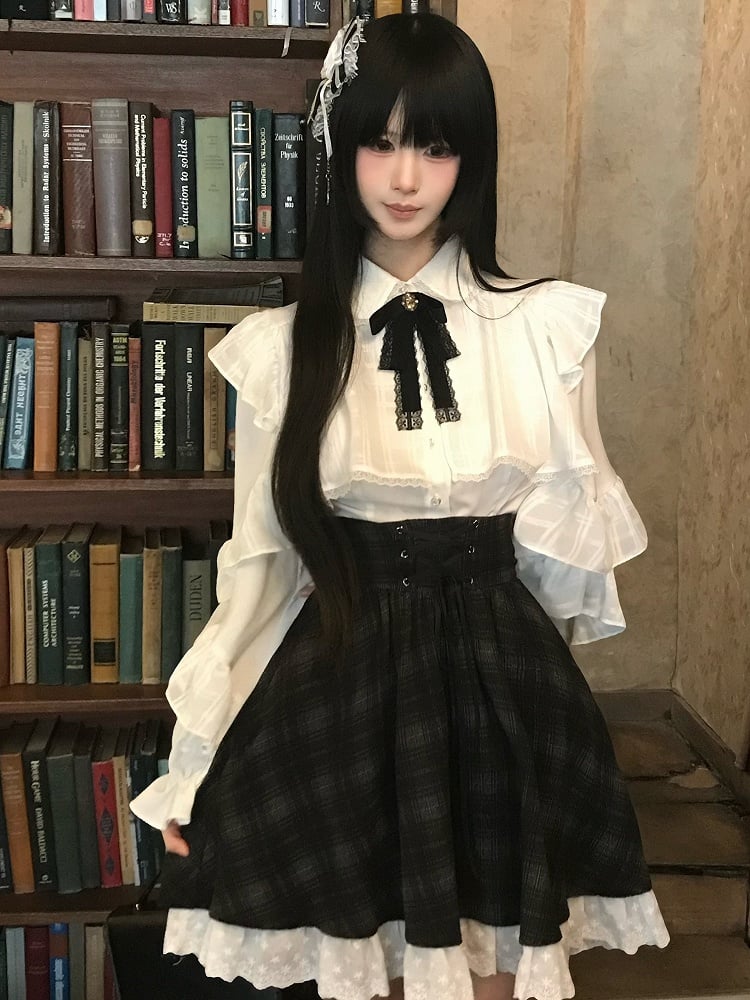 Bow High-Waisted Blouse + White Decor Kei Black Ruffle - Lace Skirt Plaid with Set Jirai