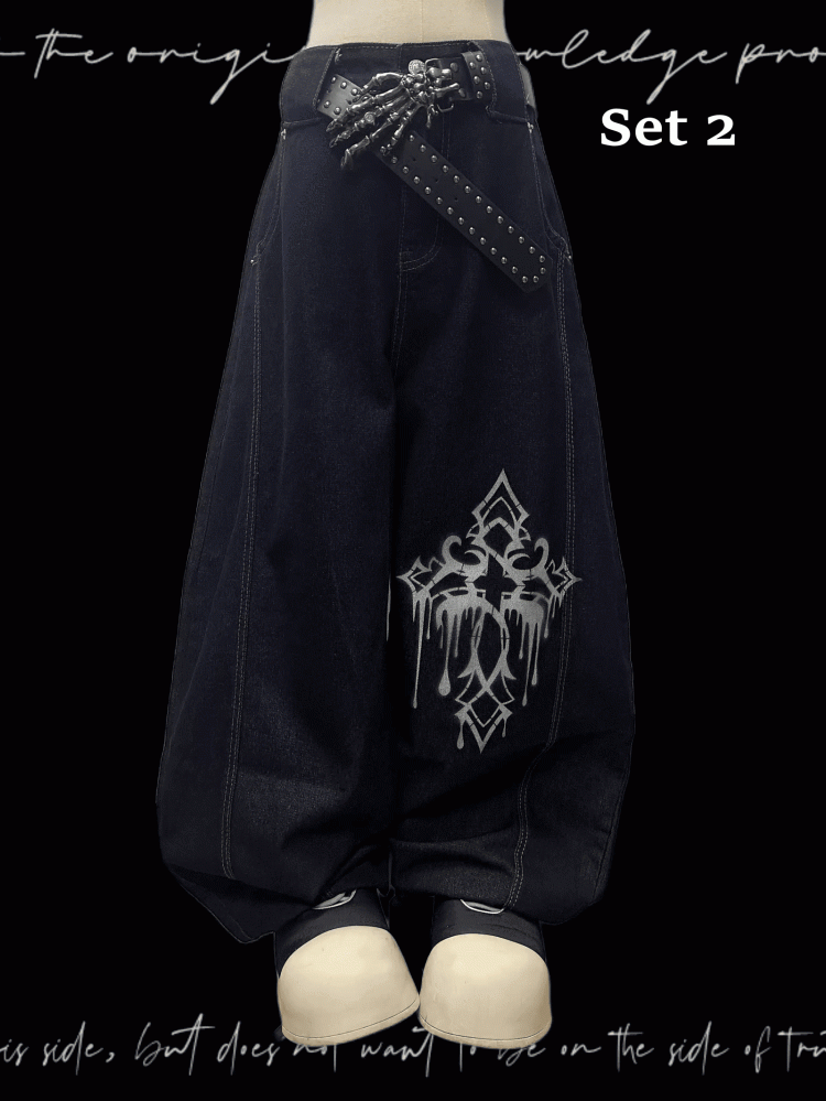 ダークブルーのクロスプリント ルーズワイドレッグジーンズ