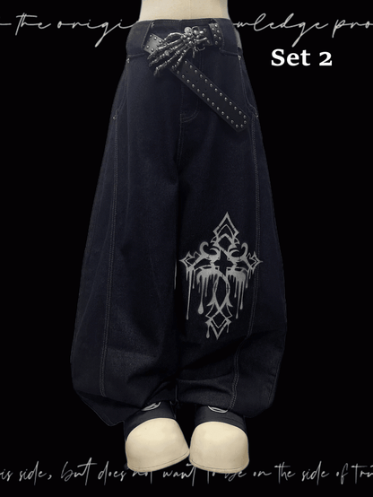 ダークブルーのクロスプリント ルーズワイドレッグジーンズ