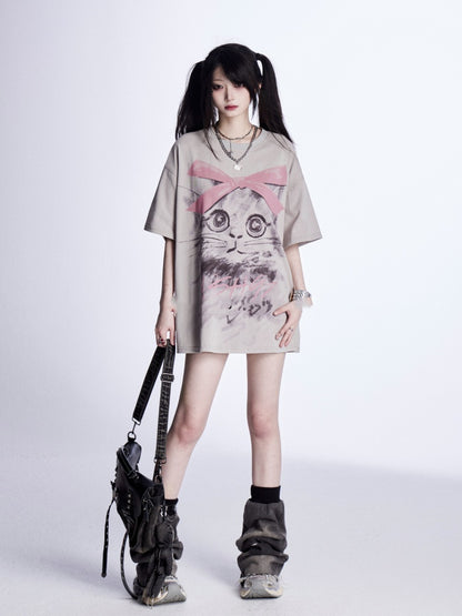 Print Gray Adorable Kitty Loose T-Shirt
