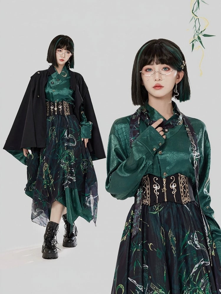 Green Black Chinese Cloak Asymmetrical Embroidery