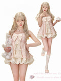 Print Dress and Bow Pink Apricot Bubble with Big Floral