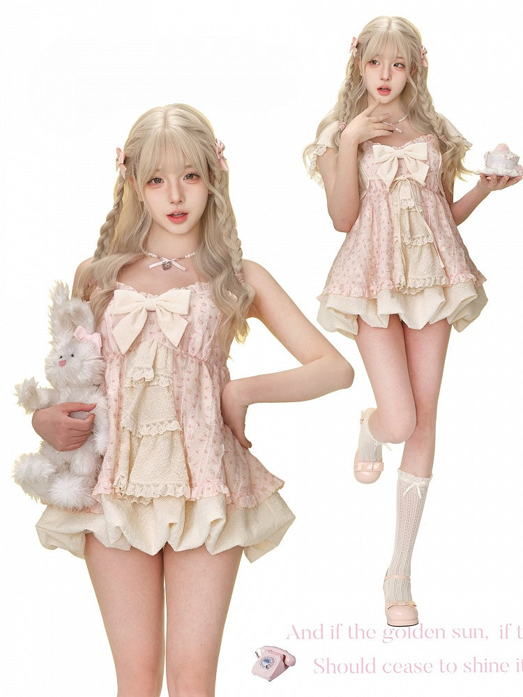 Print Dress and Bow Pink Apricot Bubble with Big Floral