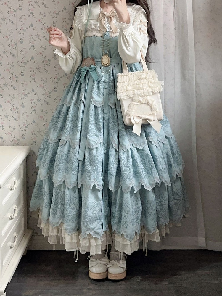 Jumper with Trim Scallop Skirt Blue Classic Layered Print Embroidered Lolita Floral
