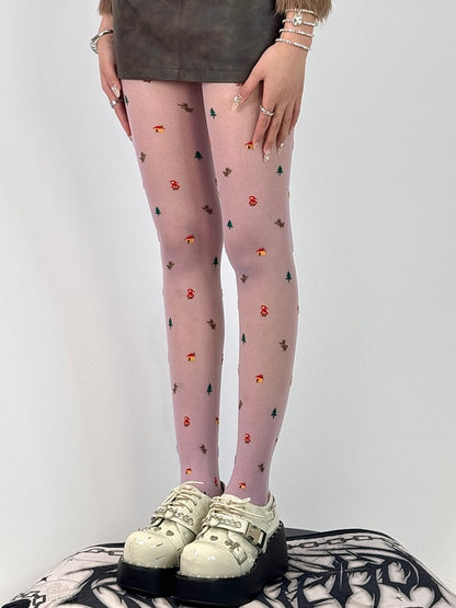 White/Purple/Gray Christmas Print Design Tights