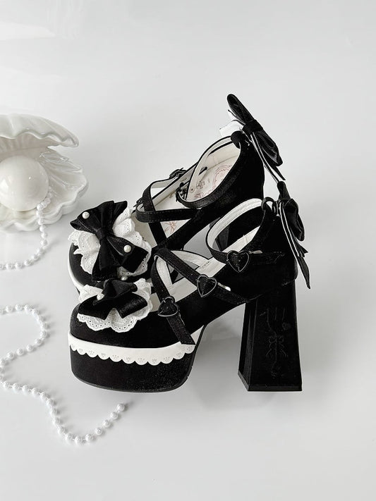 Black Lolita Lace Bowknot Buckle Straps Fork Embroidery Platform Block High Heels