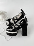 Embroidery Fork Lace Heels Bowknot Black High Straps Buckle Block Platform Lolita