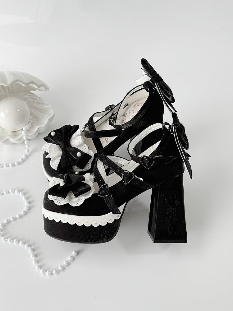 Embroidery Fork Lace Heels Bowknot Black High Straps Buckle Block Platform Lolita