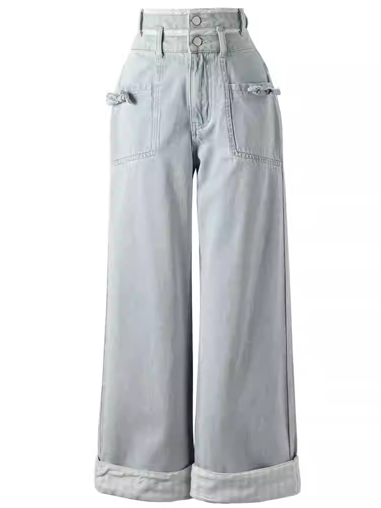 Blaue Jeans mit geradem Bein und hoher Taille und Schleife