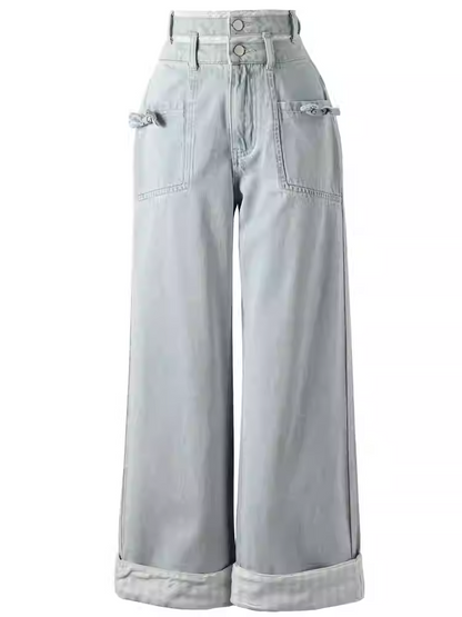 Blaue Jeans mit geradem Bein und hoher Taille und Schleife