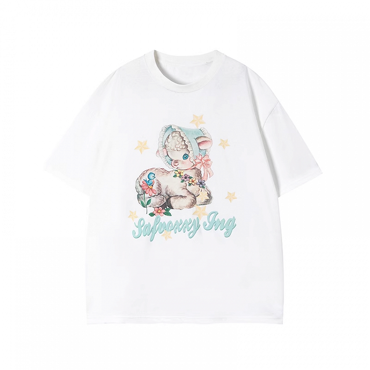 T-Shirt Loose White Round Neck Cute Deer Print