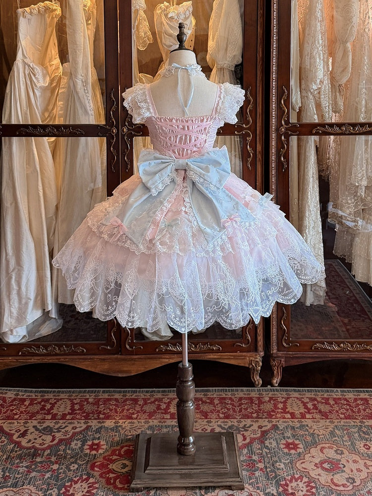 Pink Multi-Layer Lace Trim Lolita JSK with Bow and Bead Chain Decorations - White Sugar Girl