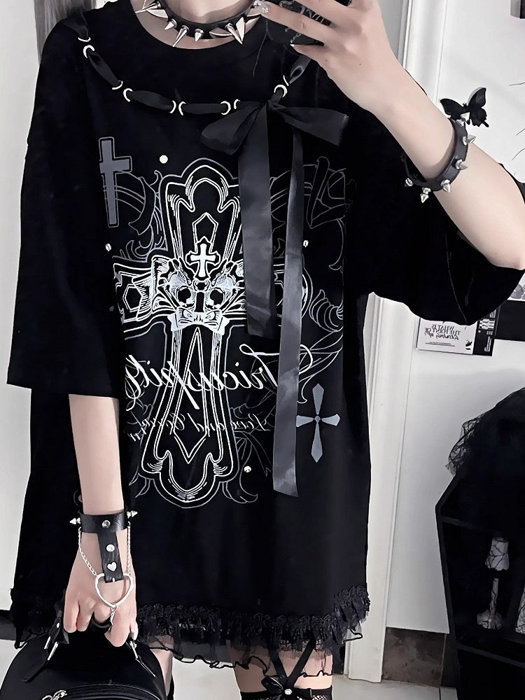 Ribbon Cross Print T-Shirtwith Bow Black NecklineWhite Cotton Gothic