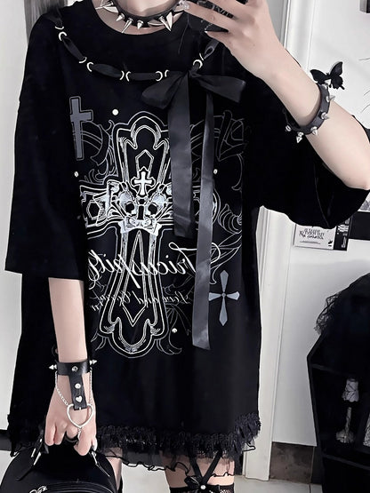 Ribbon Cross Print T-Shirtwith Bow Black NecklineWhite Cotton Gothic