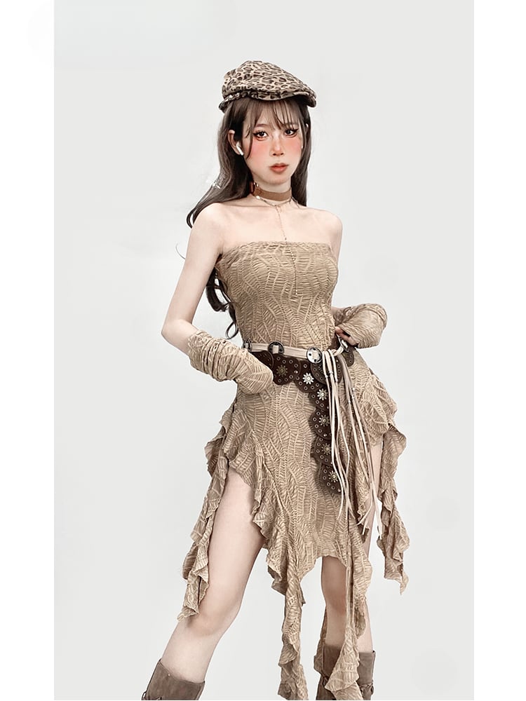 Millard Fashion Light Brown Wasteland Punk Asymmetrical Flounce Hem Strapless Dress