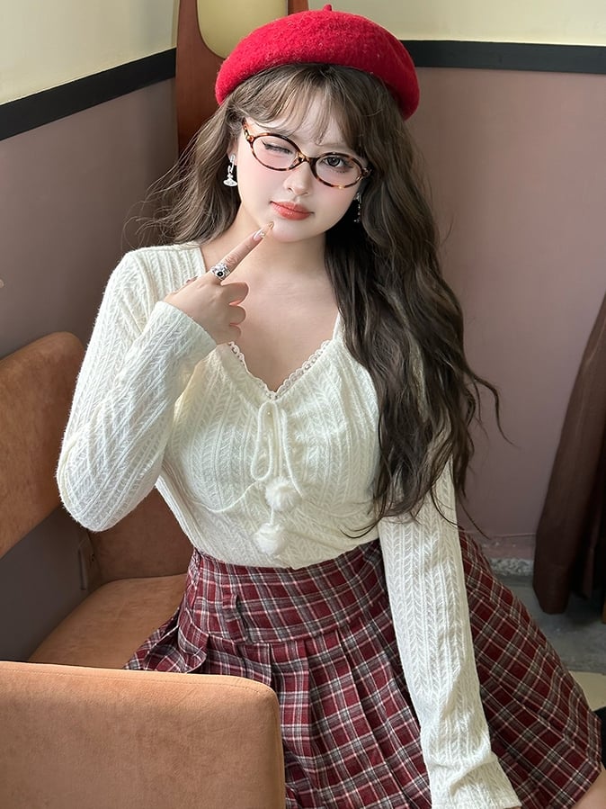 Plus Size White Pompom Accents V-neck Long Sleeves Lace Top