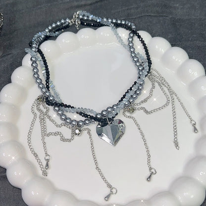 ビーズペンダントネックレス ハート ブラック シルバー