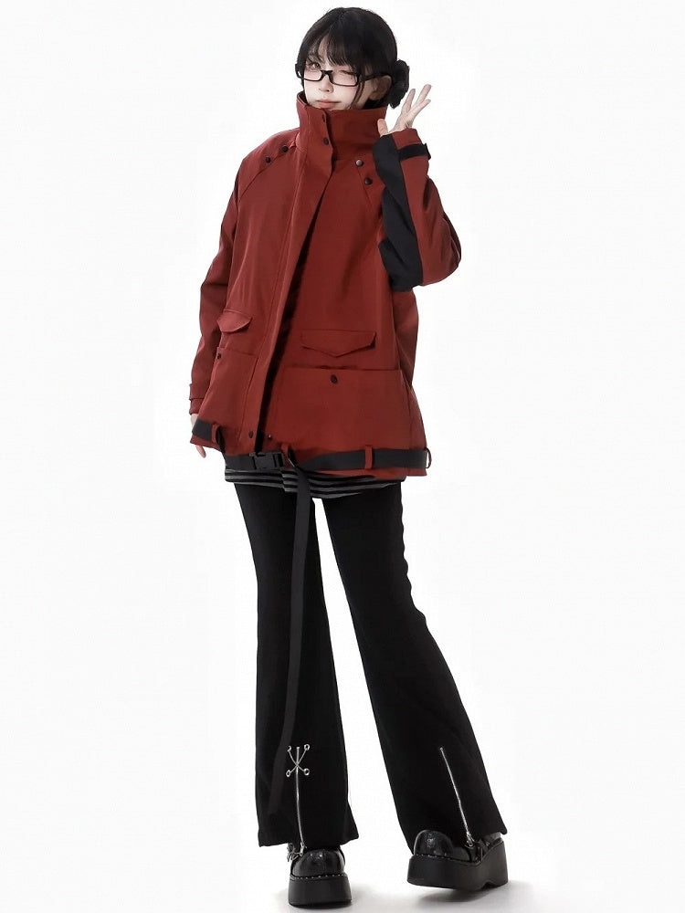 Red and Black Colorblock Sleeves Buckle Strap Unisex Jacket