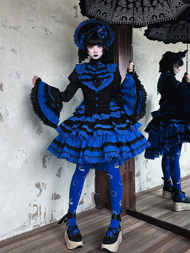Mehrlagiger Lolita Gothic Blauer Taillenrock Hoher Schwarzer Klein und Korsett