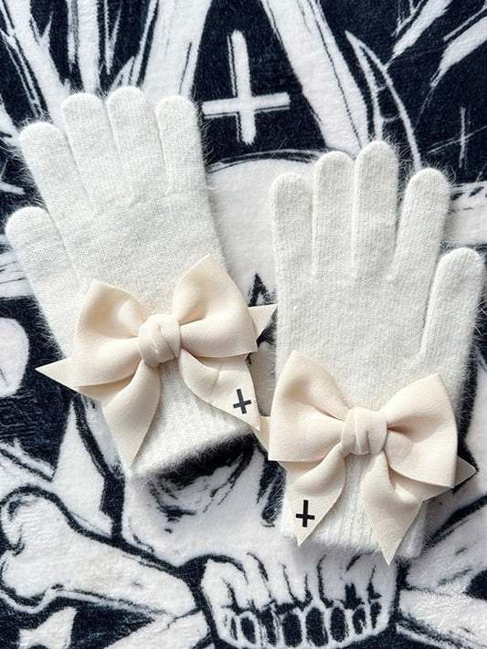 Details Cross Finger With Gothic Bowknot Print at Black Cutout Gloves White Pads