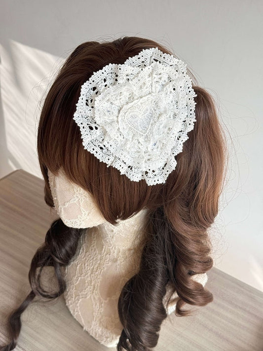 Hairclip Floral Heart-shaped Sweet Lace (White/Black)