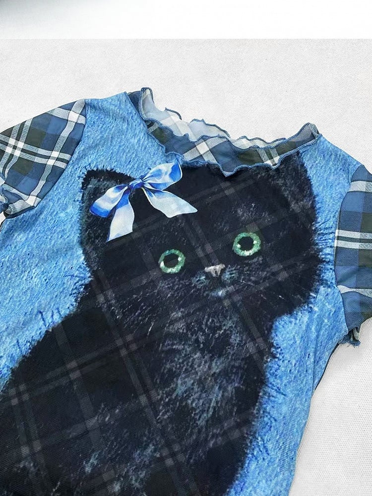 Plaid und Muster Bittersüß gerollt Druck Buchstabe Katze Y2K blau