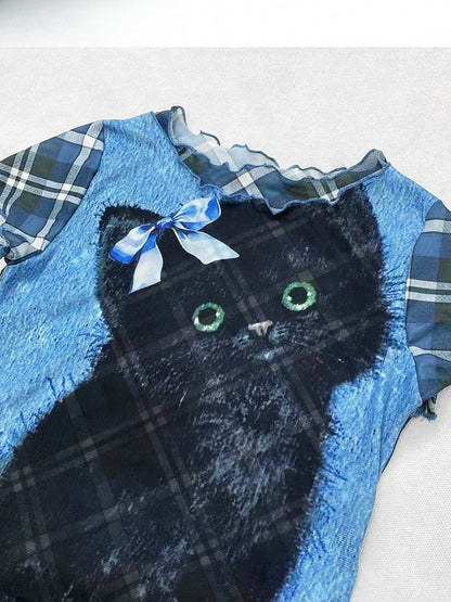 Plaid und Muster Bittersüß gerollt Druck Buchstabe Katze Y2K blau