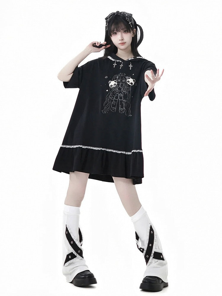 Girl Print Cross Dress Bittersweet Lace Contrast Hooded Trim Black Charms