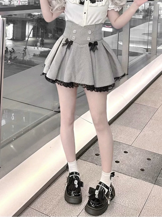 アクセント ジライケイ グレー 千鳥格子 蝶結び レーストリム ラインストーン 装飾 スコート