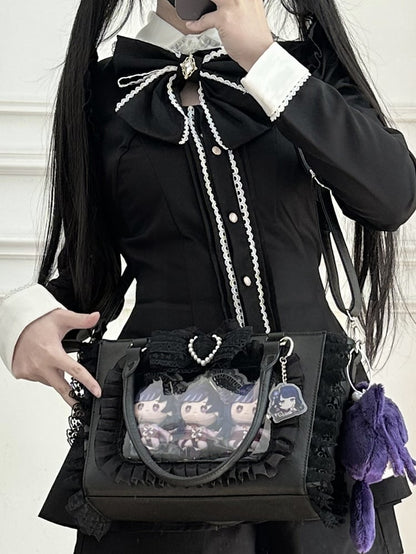 ジライ装飾の蝶結び付きイタトリムフリーホルダーレースビーズカードバッグハートケイPVCブラック