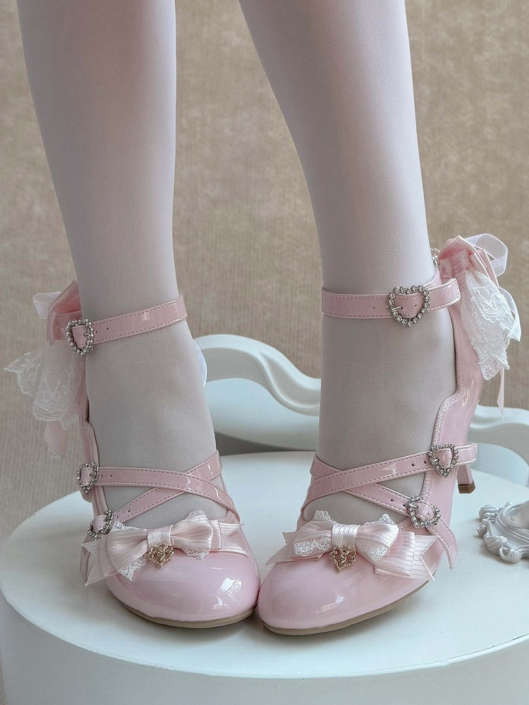 Leichte, elegante Lolita-Absätze aus Leder mit rosa Schleifen aus PU