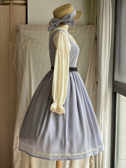 Light Gray & Beige Round Neck Long-sleeved Elegant Classic Lolita Dress with Lace-Up Front