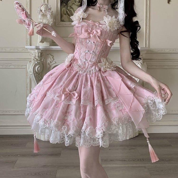 Pink Frog Version Print Jasmine-Embellished Lolita Buttons Short Corset with + Floral Top Skirt