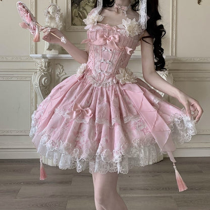 Pink Frog Version Print Jasmine-Embellished Lolita Buttons Short Corset with + Floral Top Skirt