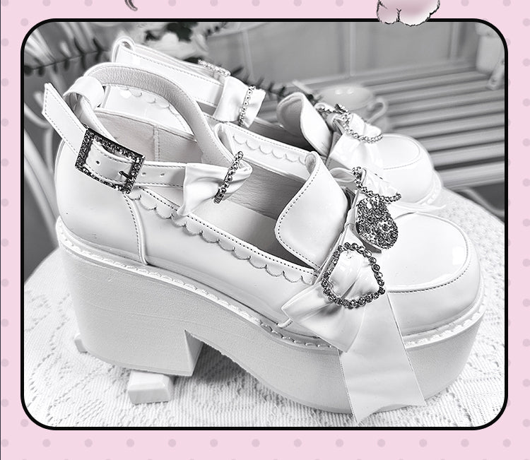 Polished Heel Shoes Top with Loafers High Accents Bow White Block Jirai Kei Rhinestone Platform