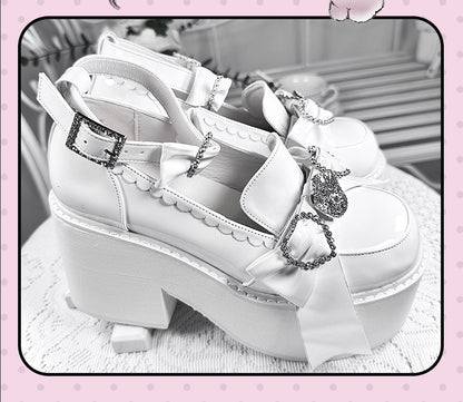 Polished Heel Shoes Top with Loafers High Accents Bow White Block Jirai Kei Rhinestone Platform