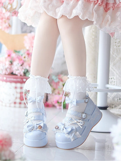 Kitten Blue Shoes Motifs Pattern with Platform Delicate Lolita Button-Embellished Striped Sweet Top Bow Mary in Jane