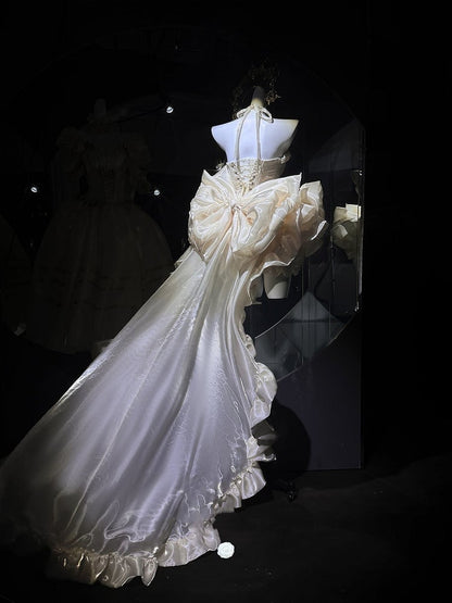 Set Balletcore + Full Top Train Big Bow Sleeves Skirt Corset Gold Lace-up