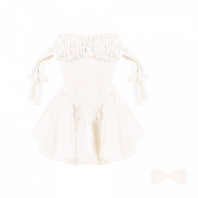 Elegant White Ruffle Trim Satin Strapless Dress + Bow Tie + Clear Shoulder Strap Set - serendipity