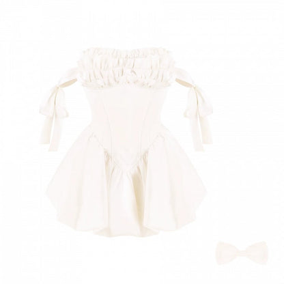 Elegant White Ruffle Trim Satin Strapless Dress + Bow Tie + Clear Shoulder Strap Set - serendipity