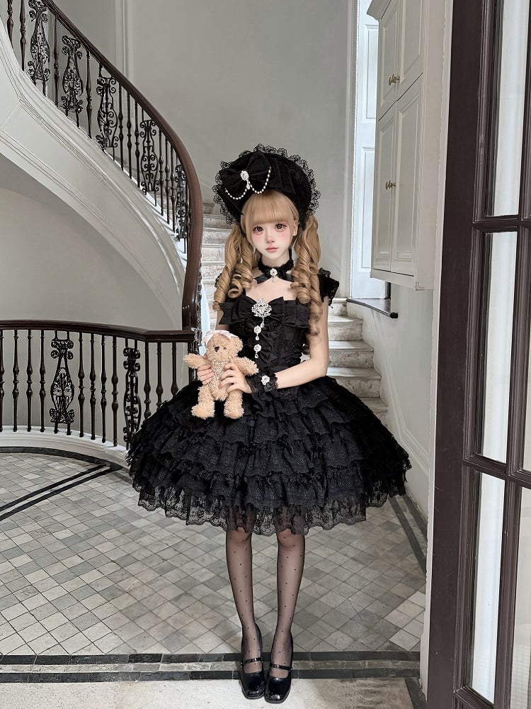 Details Skirt Sweet Lace JSK Rhinestone Lolita Multi-Layered Hime-Style with Bow Black Dress
