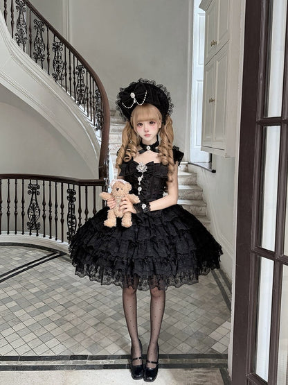 Details Skirt Sweet Lace JSK Rhinestone Lolita Multi-Layered Hime-Style with Bow Black Dress