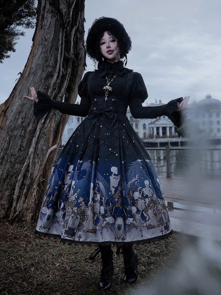 Blue Gothic Lolita and Under with Cross Bust Dress Black Lace Print Trim Skeleton