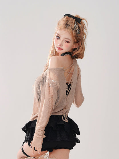 Artful Neckline Top: Cropped Design Brown Distressed Asymmetrical with Knit