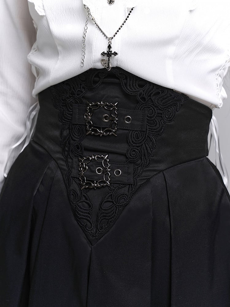 with Waist Accents Metal Ankle-Length Buckle Corset Black Embroidered Skirt Gothic