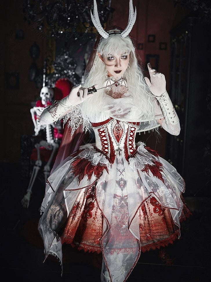 Red & White Bone Dragon Embroidery Halter Neck Gothic Lolita Dress Set - Ying Luo Fu