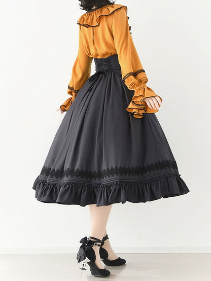 Pumpkin Orange Lace-up Structured Ruffles V-neck Long Sleeves Blouse
